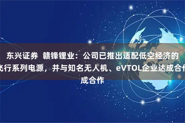 东兴证券  赣锋锂业：公司已推出适配低空经济的飞行系列电源，并与知名无人机、eVTOL企业达成合作